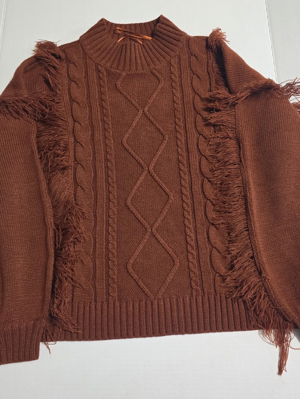 Rock & Roll Cowgirl Rust Fringe Cable Knit Turtleneck Sweater